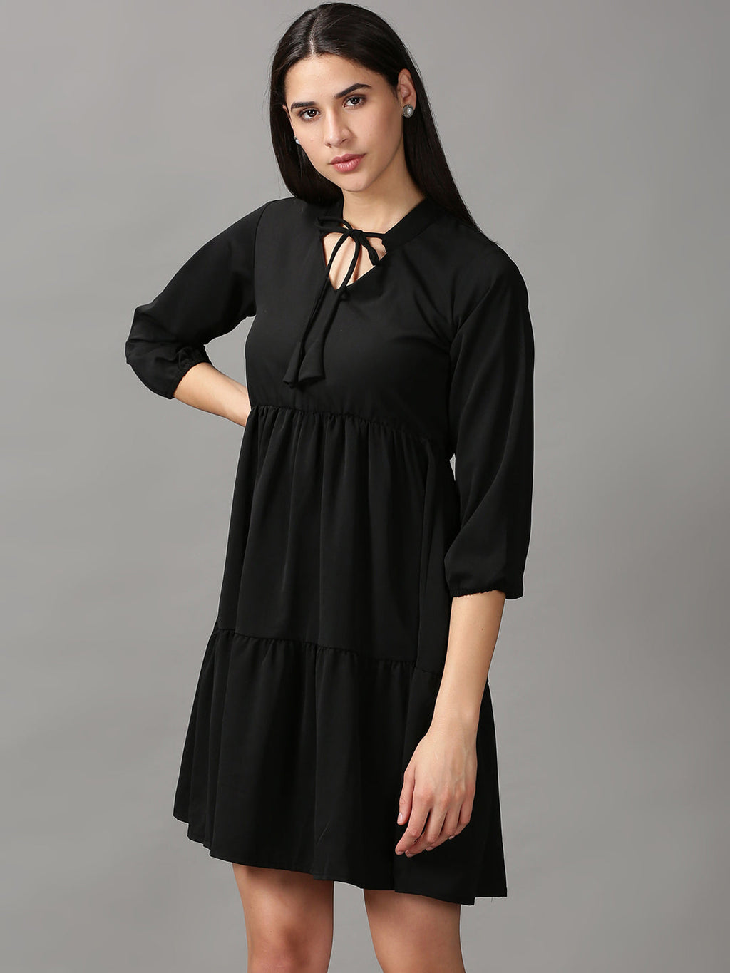 Women's Black Tie-Up Neck Cotton Fit & Flare Dress