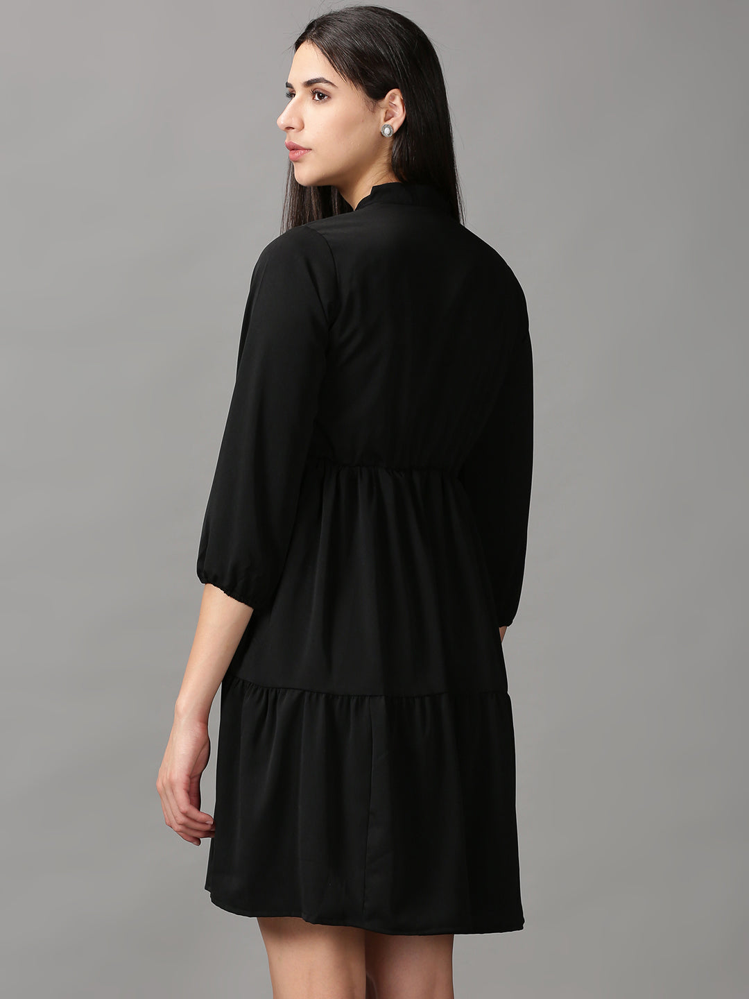 Women's Black Tie-Up Neck Cotton Fit & Flare Dress