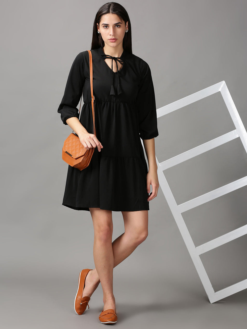 Women's Black Tie-Up Neck Cotton Fit & Flare Dress