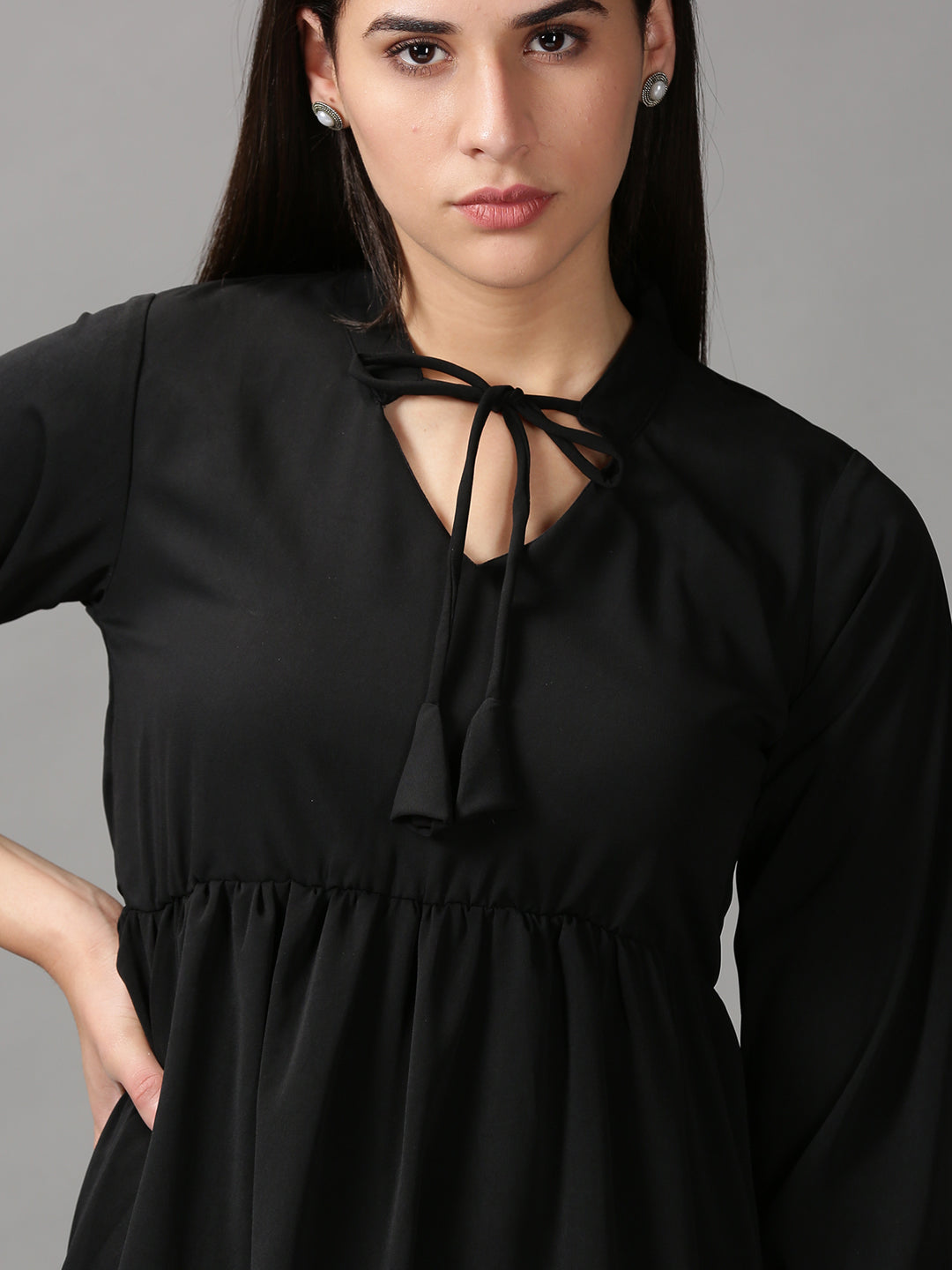 Women's Black Tie-Up Neck Cotton Fit & Flare Dress