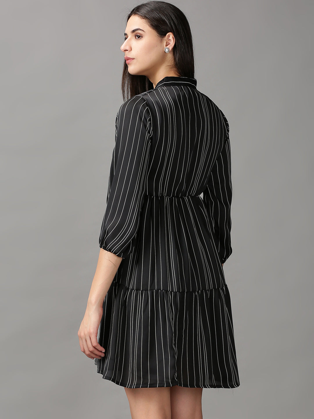 Women's Black Striped Tie-Up Neck Layered Fit & Flare Dress