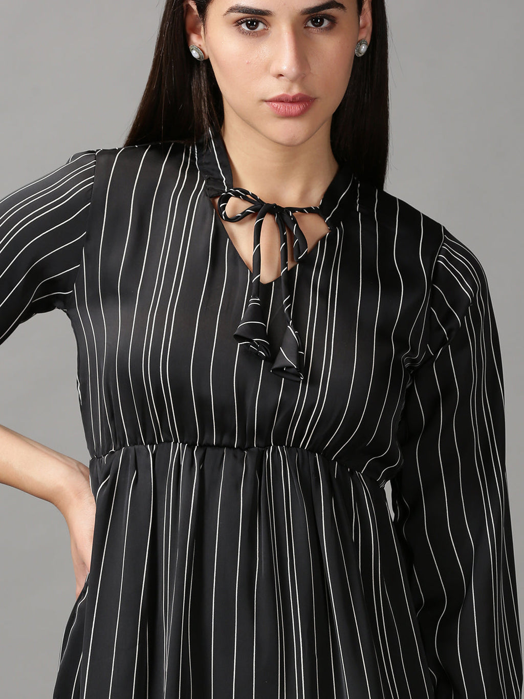 Women's Black Striped Tie-Up Neck Layered Fit & Flare Dress