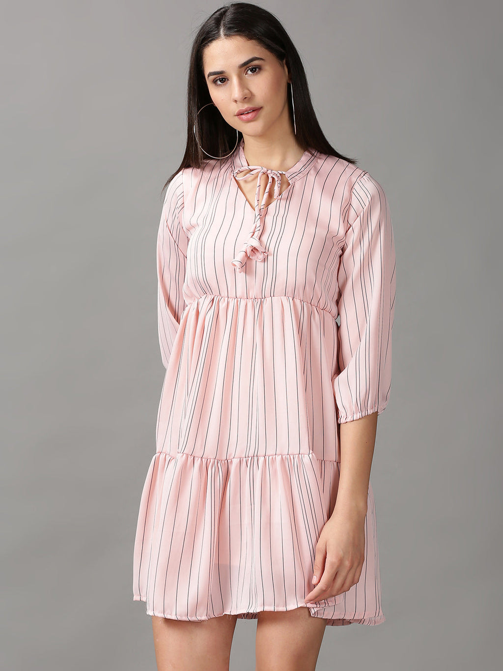 Women's Peach Striped Fit & Flare Dress