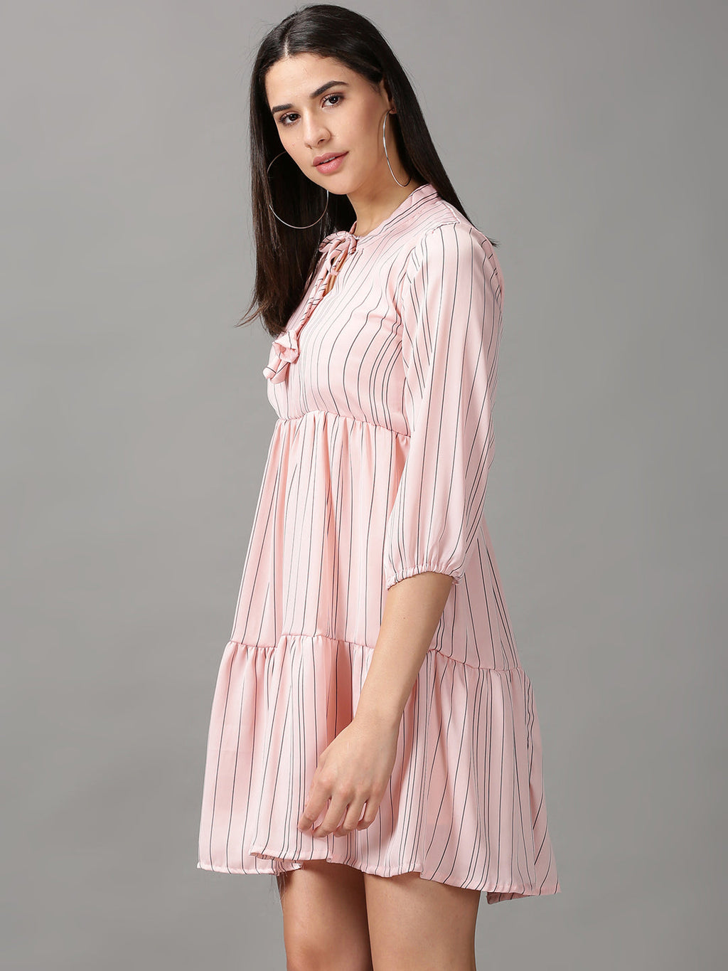 Women's Peach Striped Fit & Flare Dress