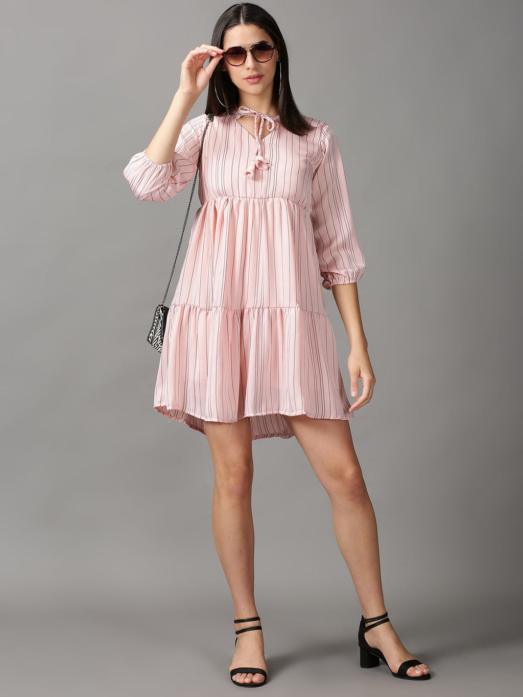 Women's Peach Striped Fit & Flare Dress