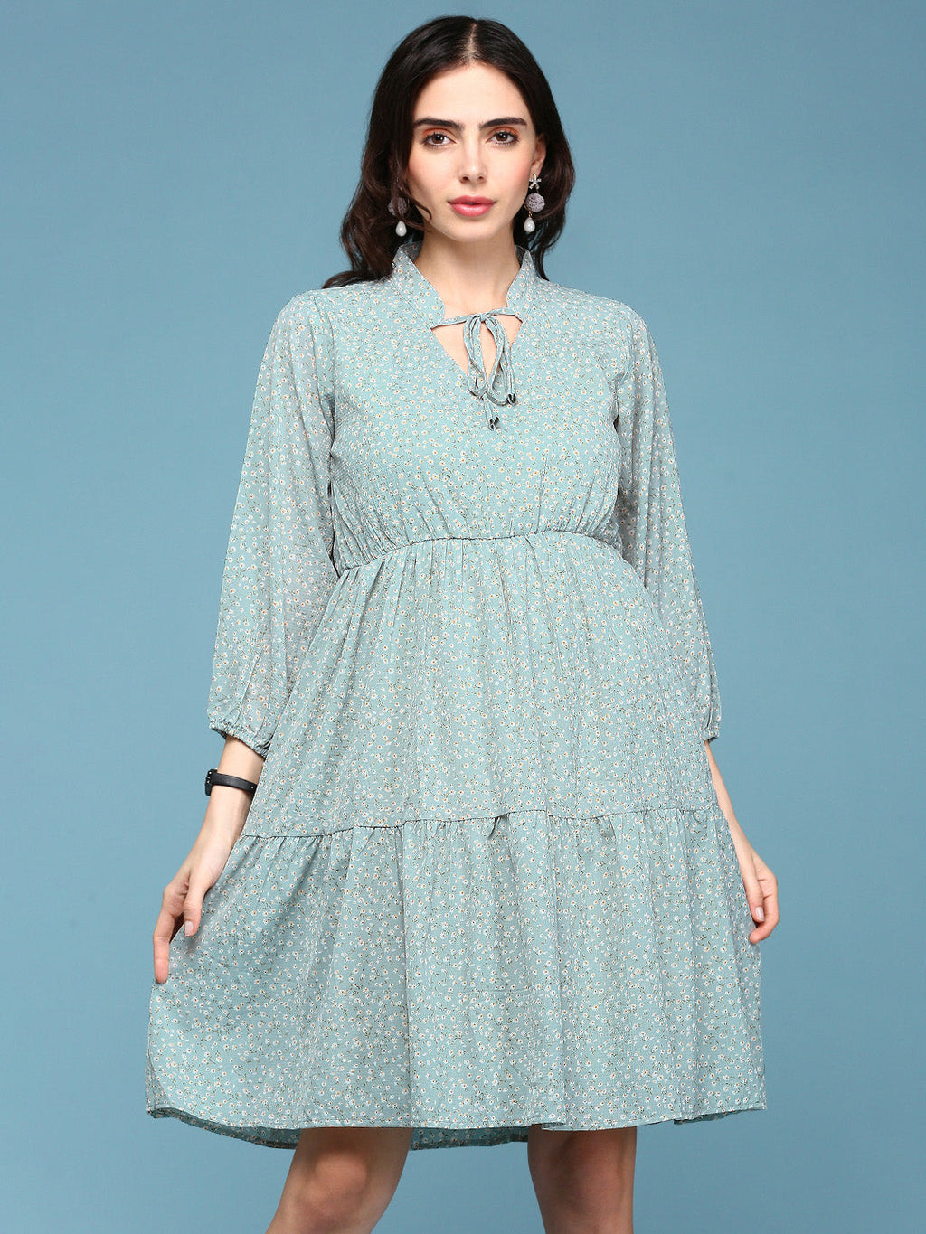Women's Sea Green Floral Chiffon Fit & Flare Dress