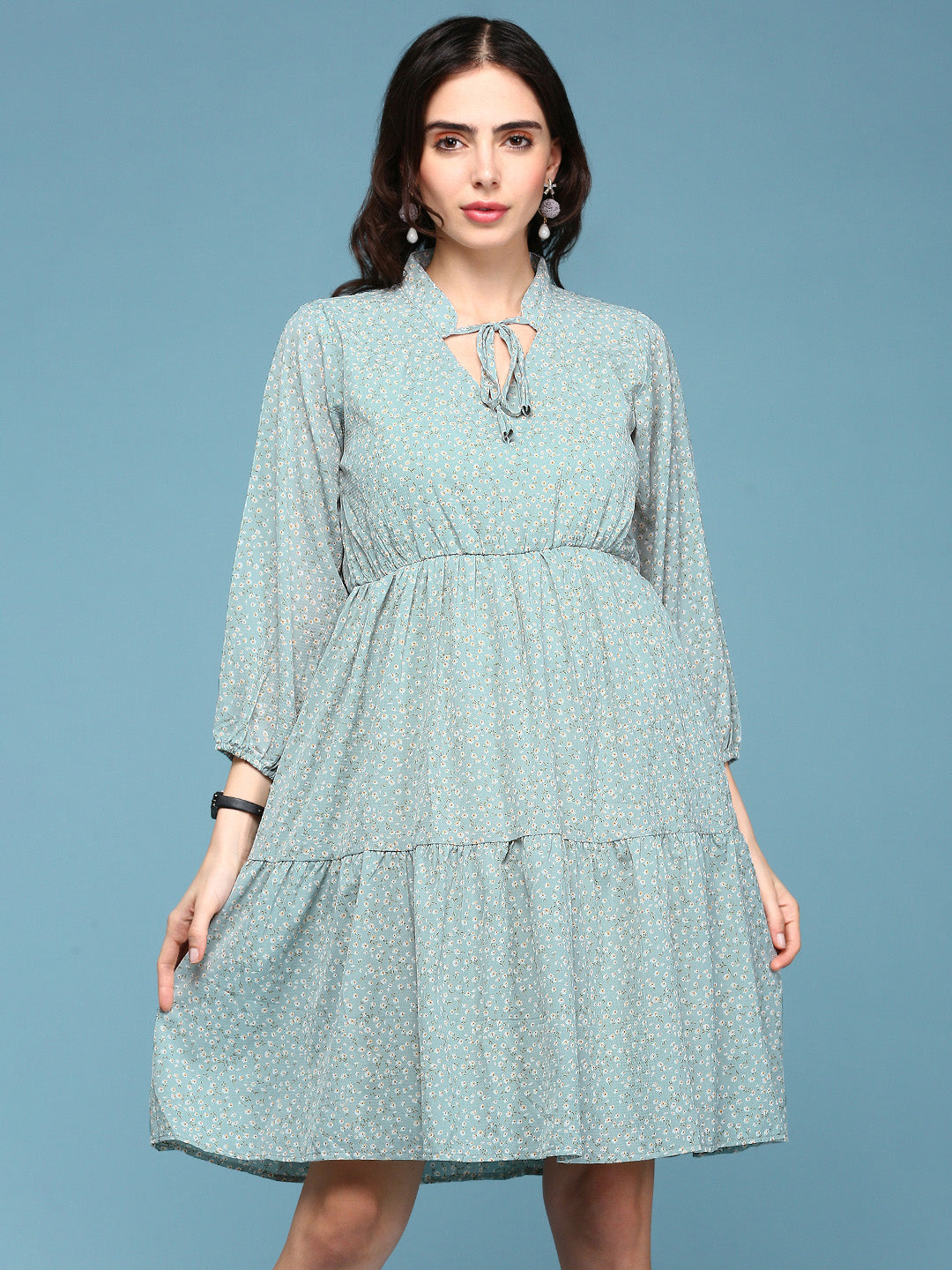 Women's Sea Green Floral Chiffon Fit & Flare Dress