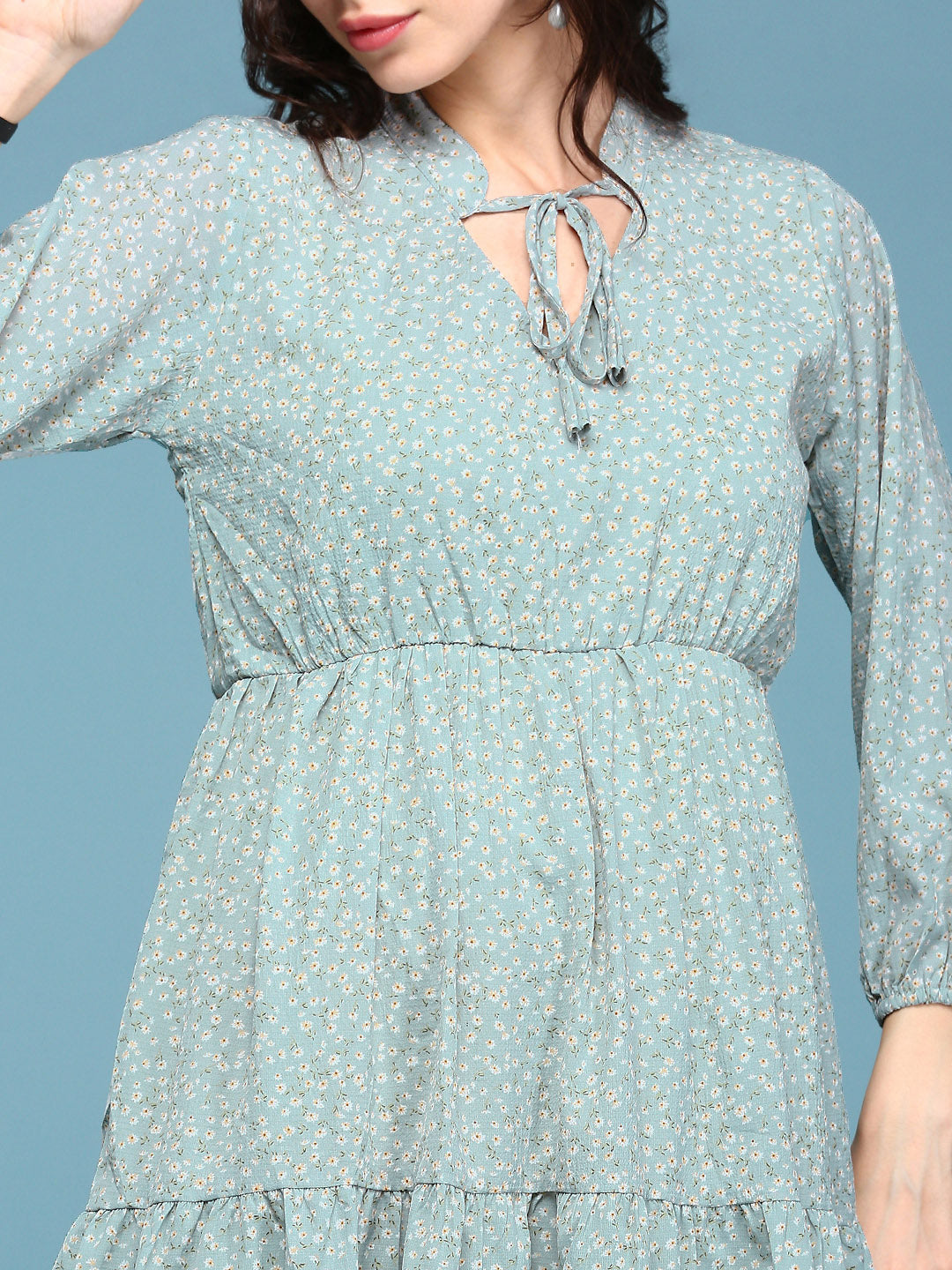 Women's Sea Green Floral Chiffon Fit & Flare Dress