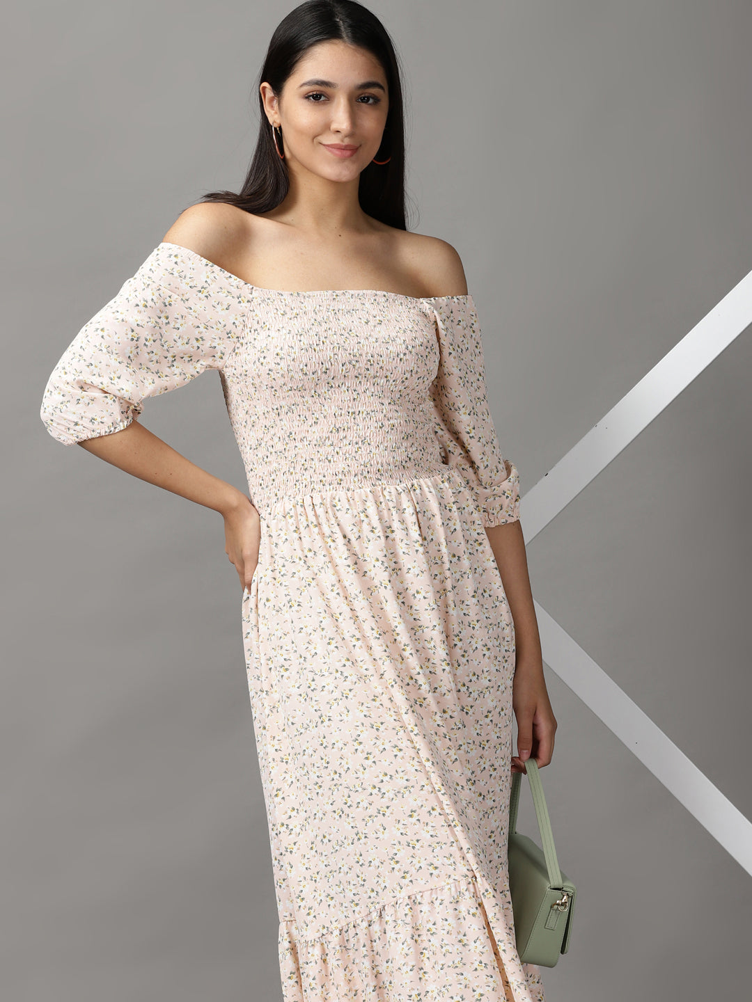 Women's Peach Floral Off-Shoulder Chiffon Fit and Flare Dress