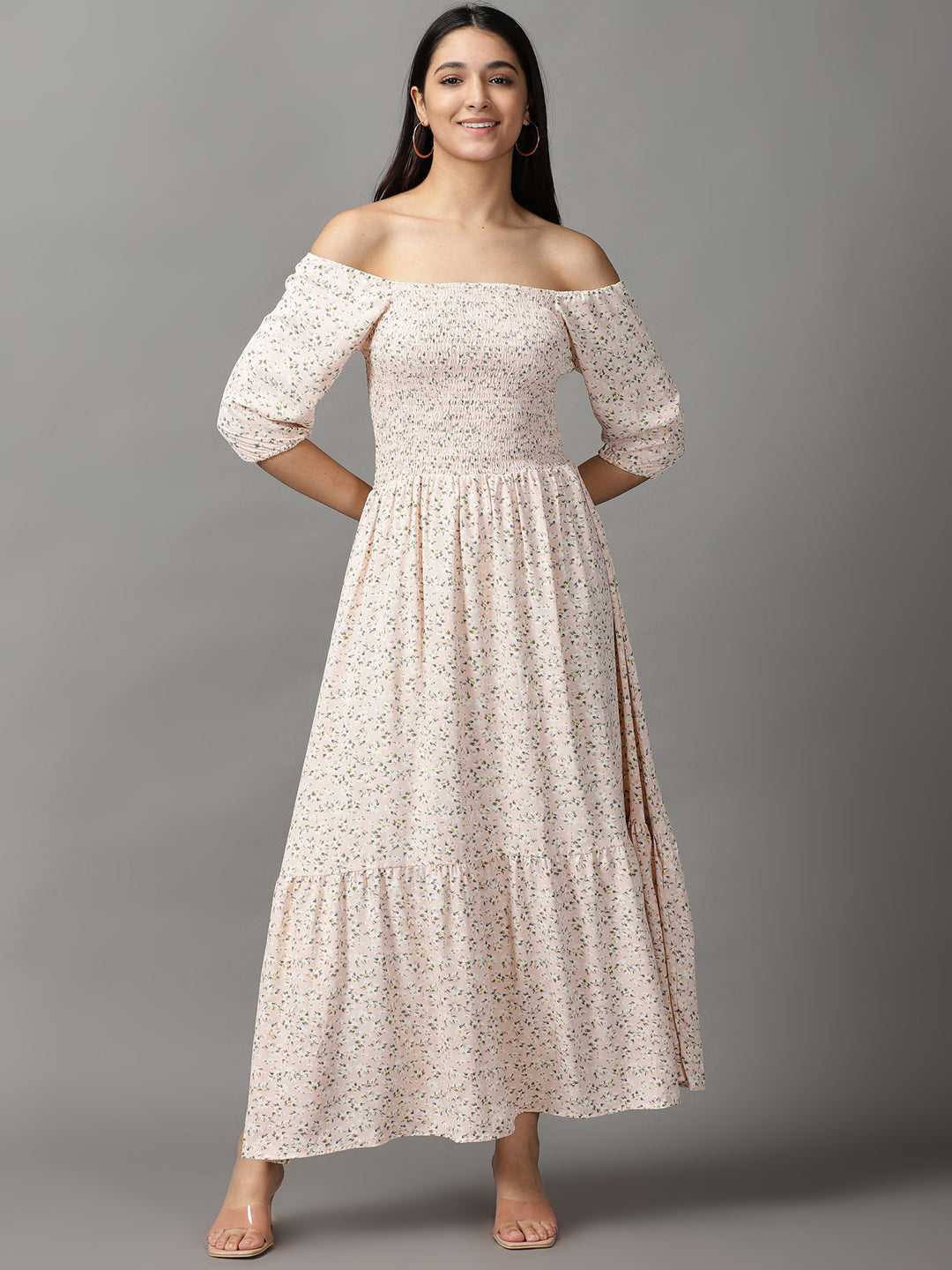 Women's Peach Floral Off-Shoulder Chiffon Fit and Flare Dress