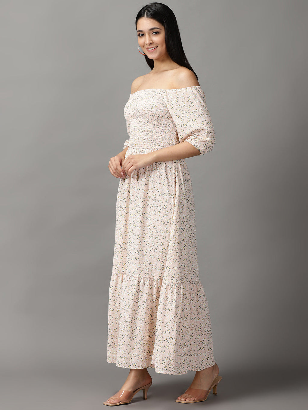 Women's Peach Floral Off-Shoulder Chiffon Fit and Flare Dress