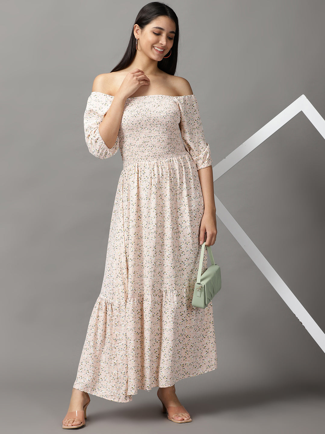 Women's Peach Floral Off-Shoulder Chiffon Fit and Flare Dress