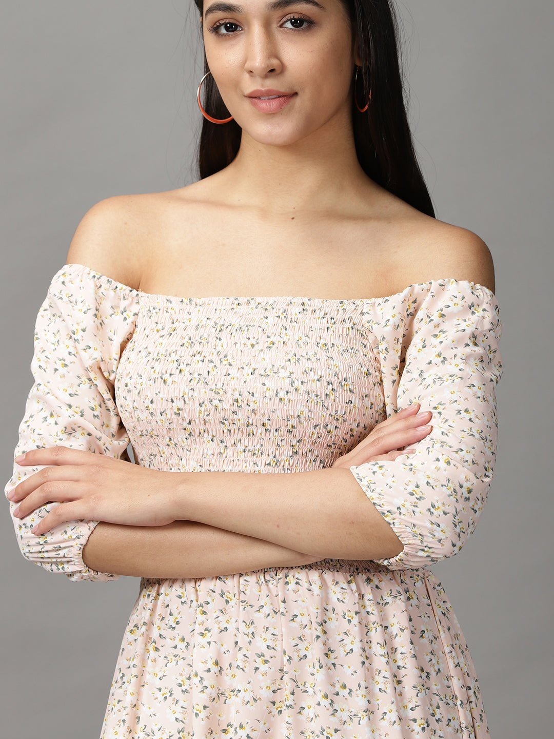 Women's Peach Floral Off-Shoulder Chiffon Fit and Flare Dress
