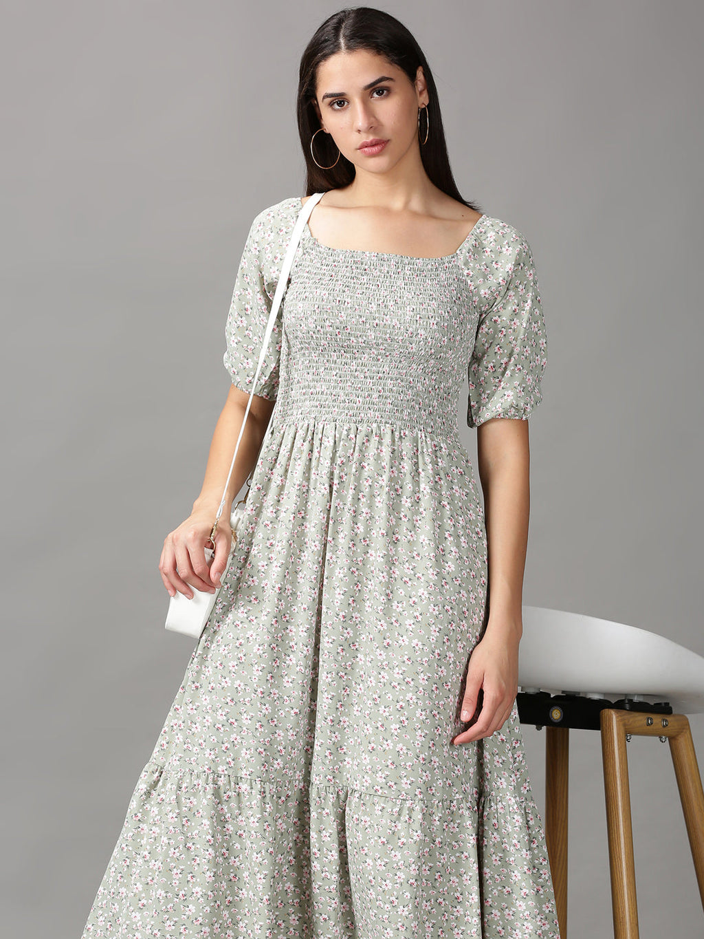 Women's Sea Green Floral Chiffon Fit & Flare Dress