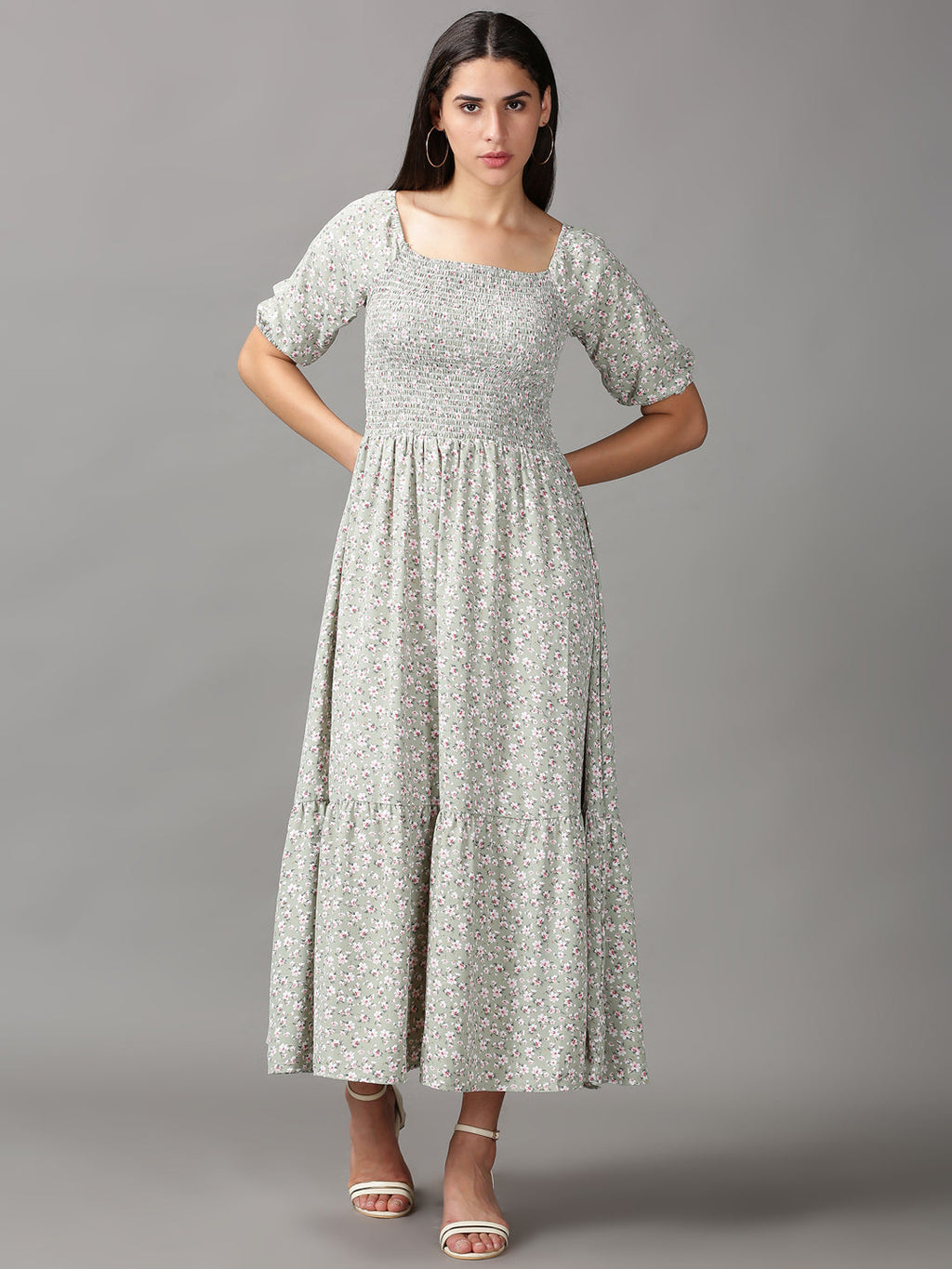 Women's Sea Green Floral Chiffon Fit & Flare Dress