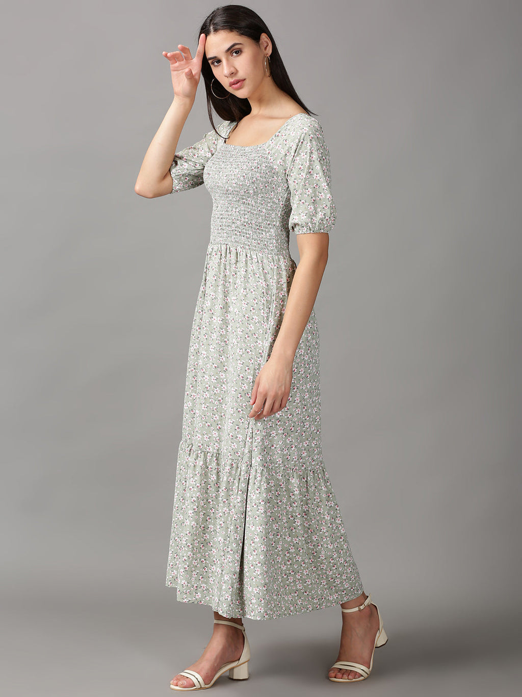 Women's Sea Green Floral Chiffon Fit & Flare Dress