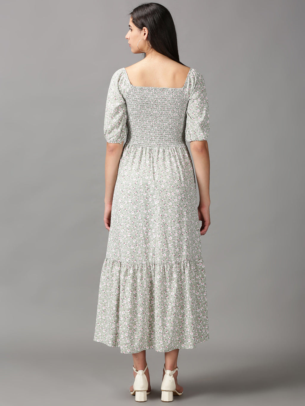 Women's Sea Green Floral Chiffon Fit & Flare Dress