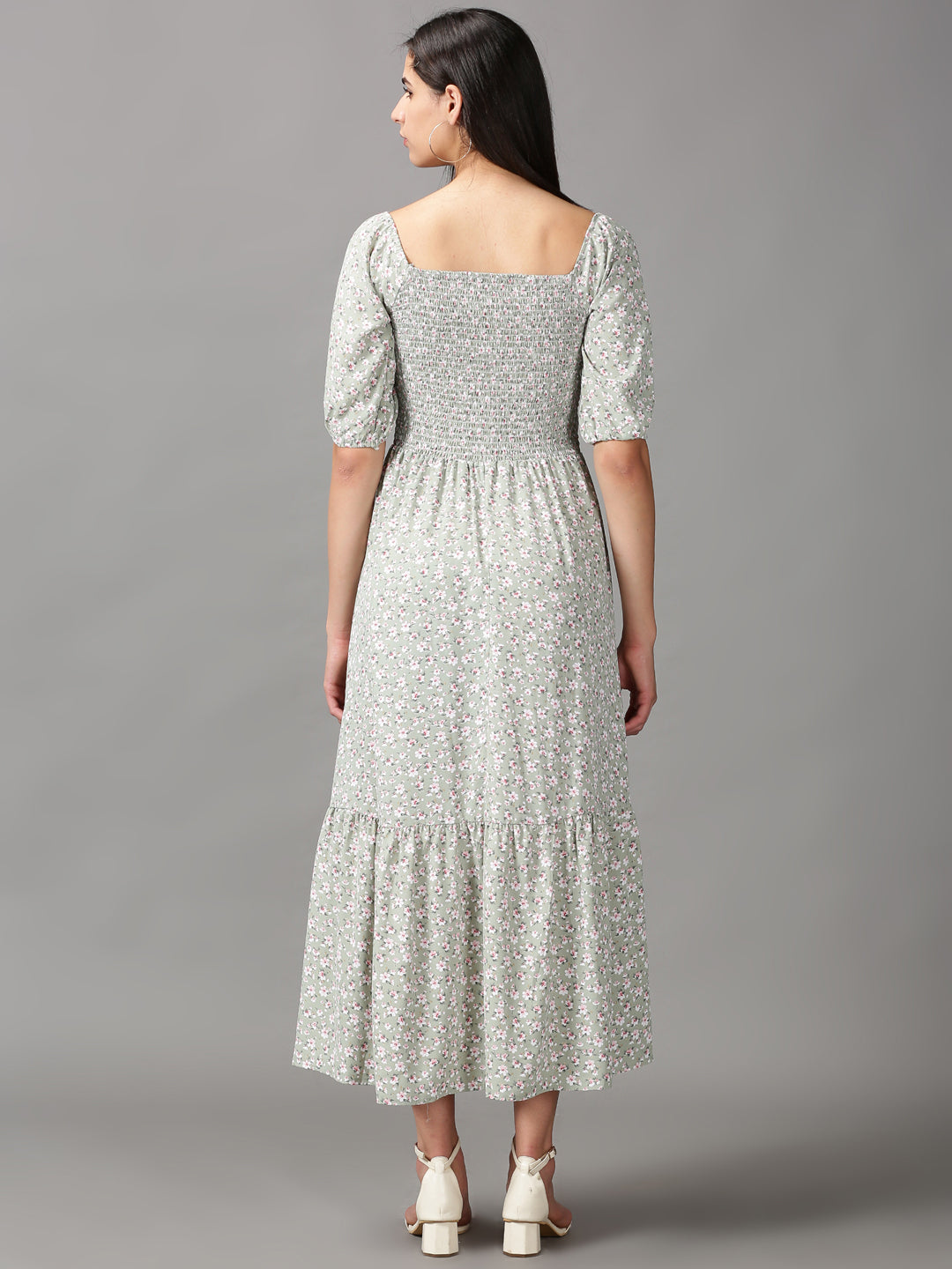 Women's Sea Green Floral Chiffon Fit & Flare Dress