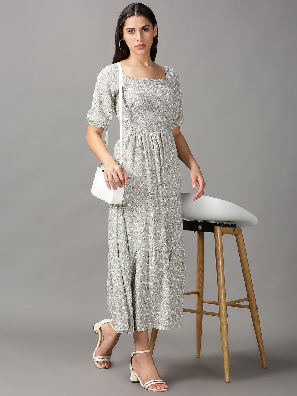 Women's Sea Green Floral Chiffon Fit & Flare Dress