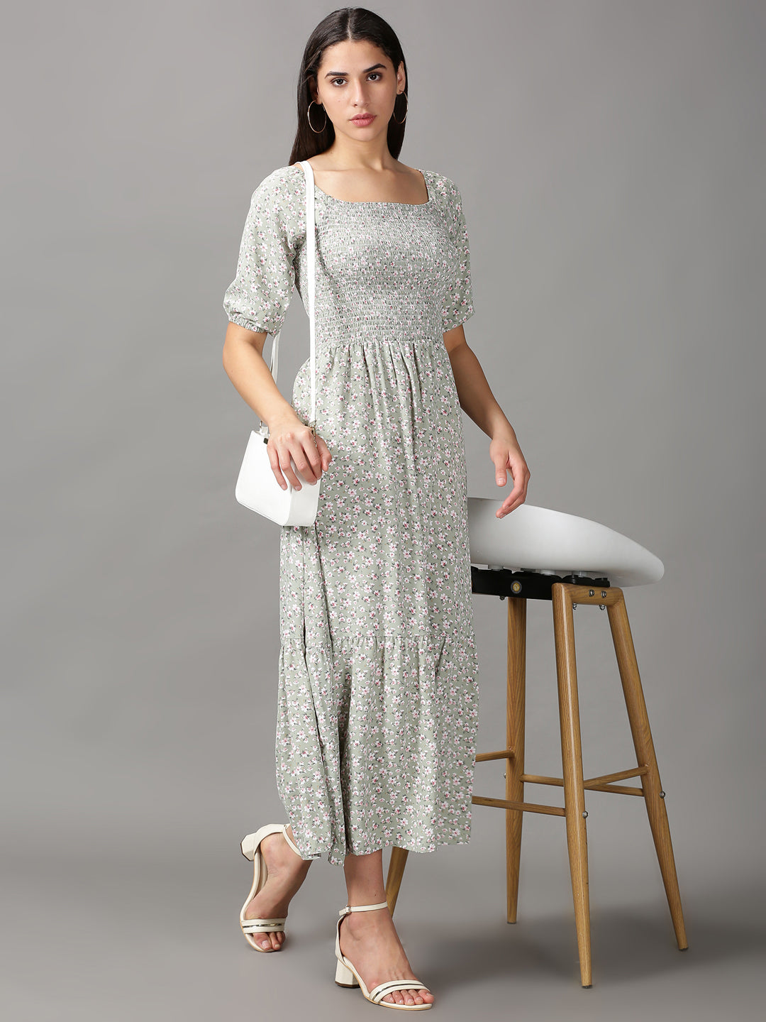 Women's Sea Green Floral Chiffon Fit & Flare Dress