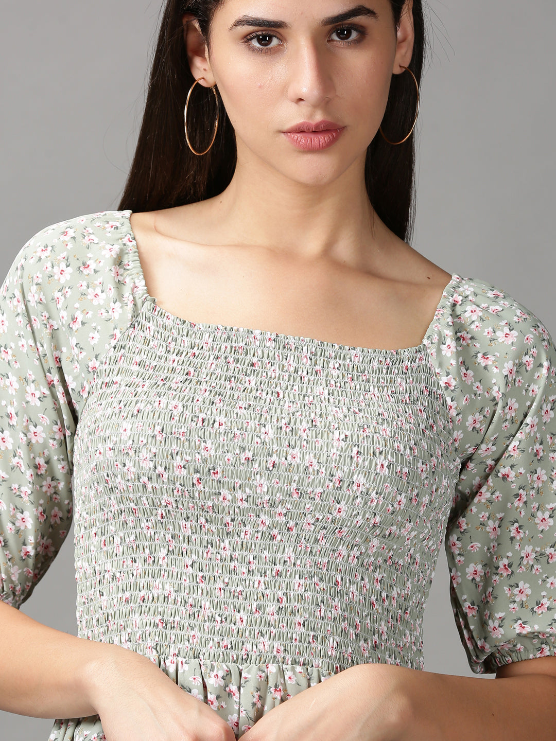 Women's Sea Green Floral Chiffon Fit & Flare Dress