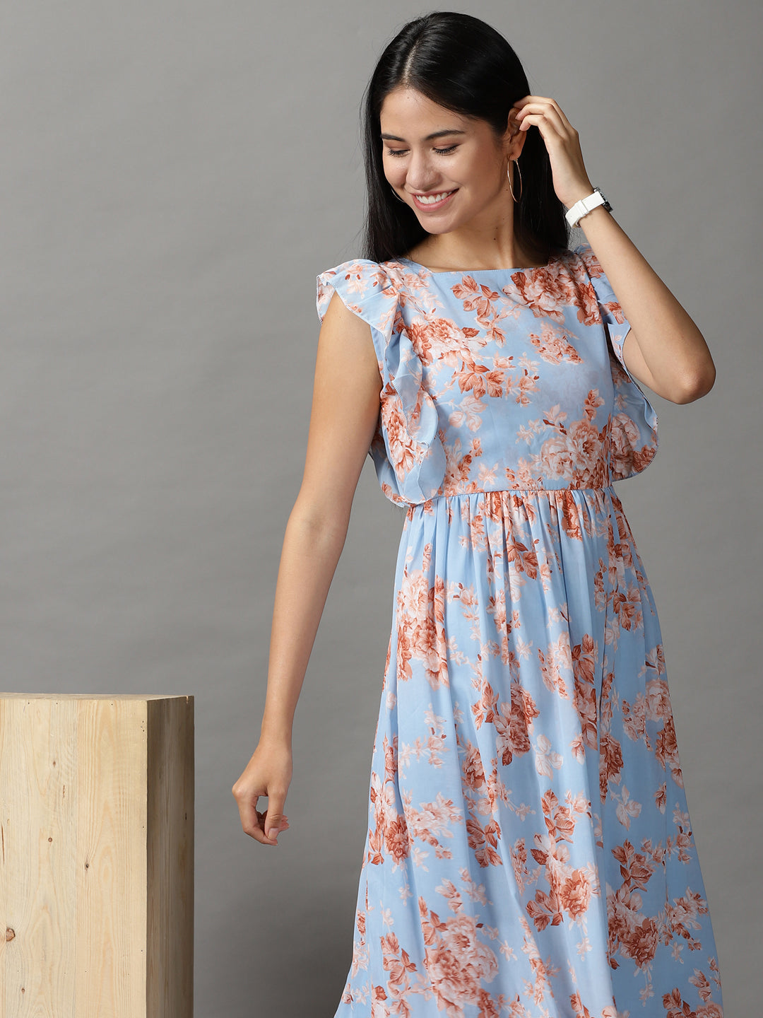 Women's Blue Floral Printed Gathered Fit & Flare Dress