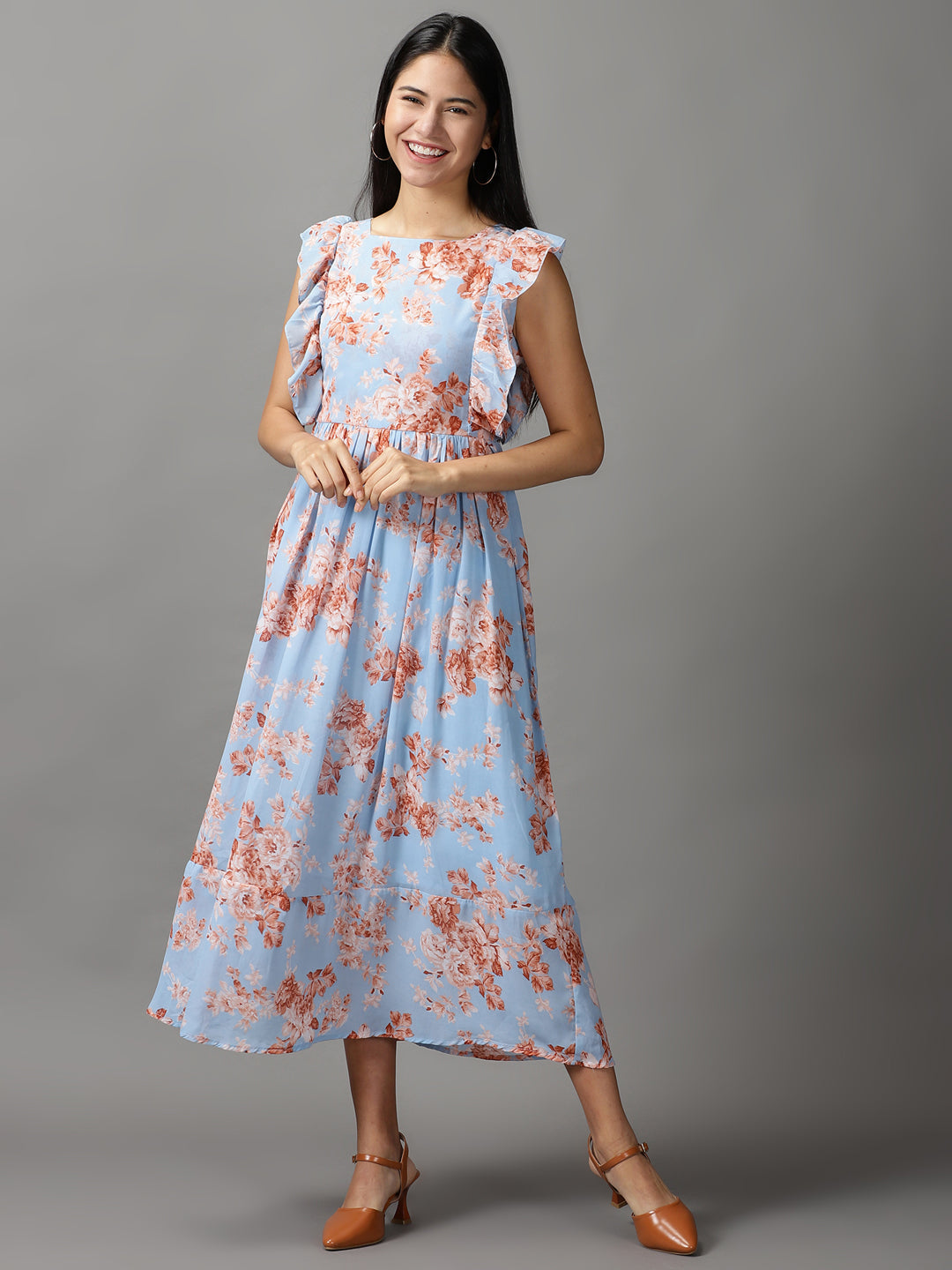 Women's Blue Floral Printed Gathered Fit & Flare Dress