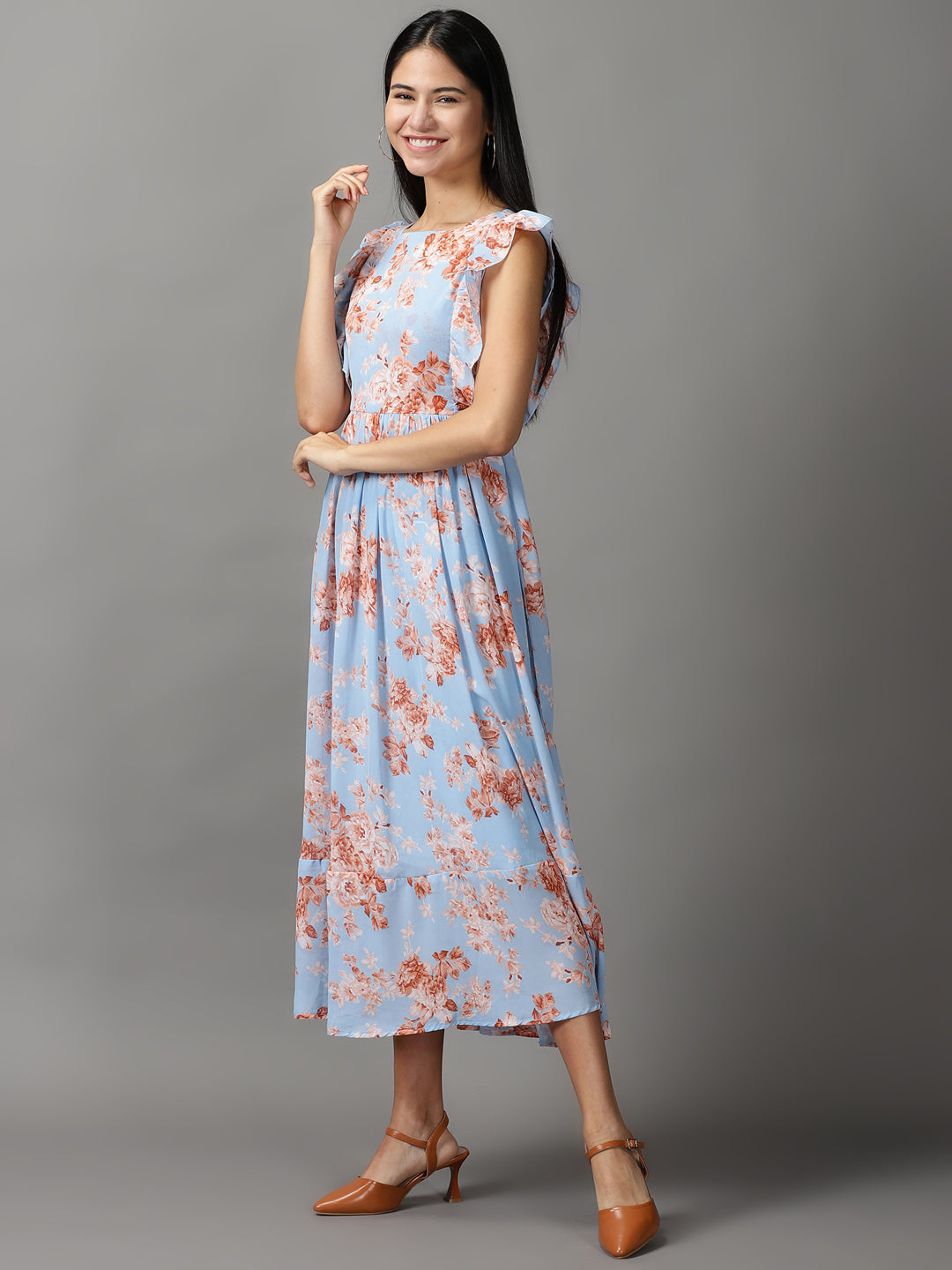 Women's Blue Floral Printed Gathered Fit & Flare Dress