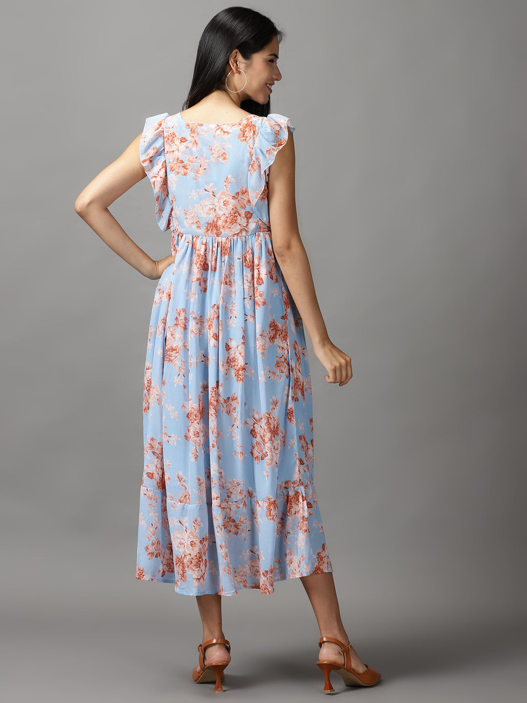 Women's Blue Floral Printed Gathered Fit & Flare Dress
