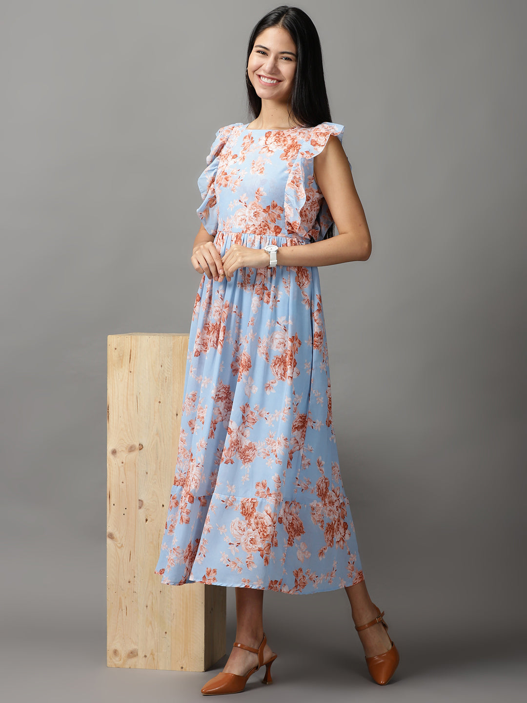 Women's Blue Floral Printed Gathered Fit & Flare Dress