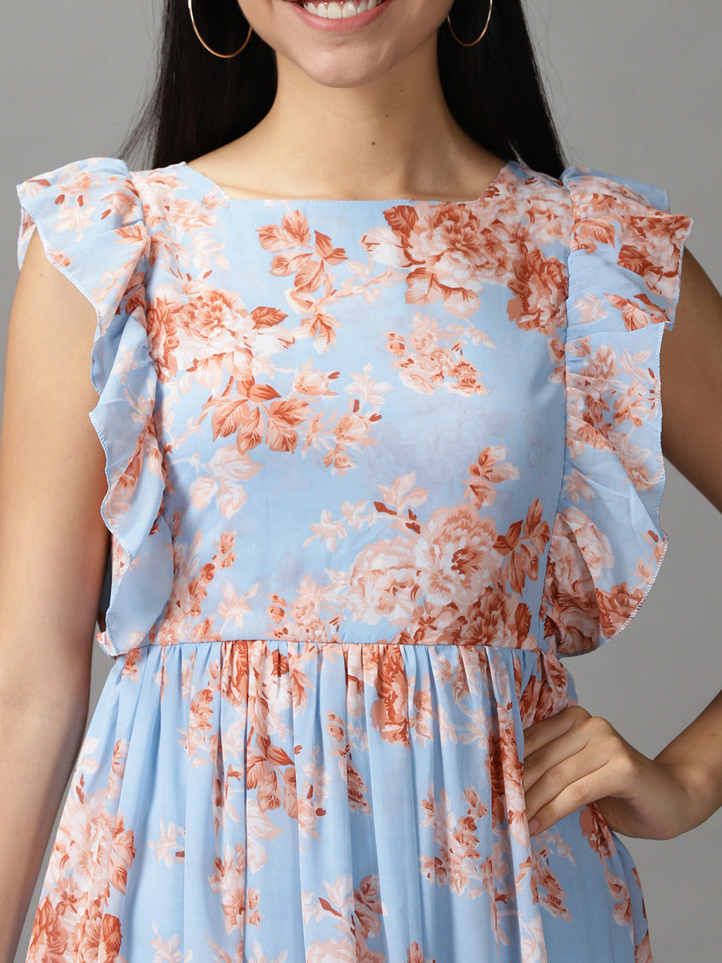 Women's Blue Floral Printed Gathered Fit & Flare Dress