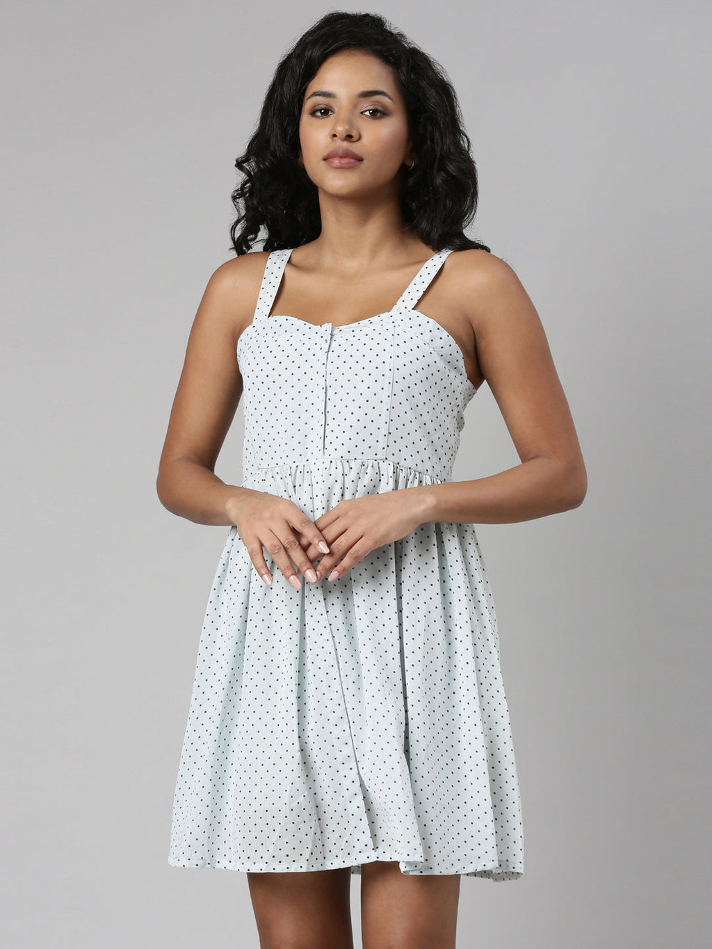 Women's Sea Green Polka Dots Printed Georgette Fit & Flare Dress