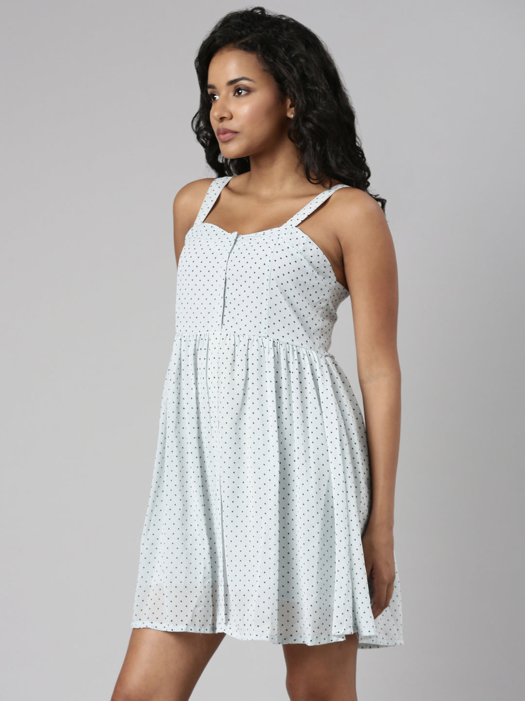 Women's Sea Green Polka Dots Printed Georgette Fit & Flare Dress