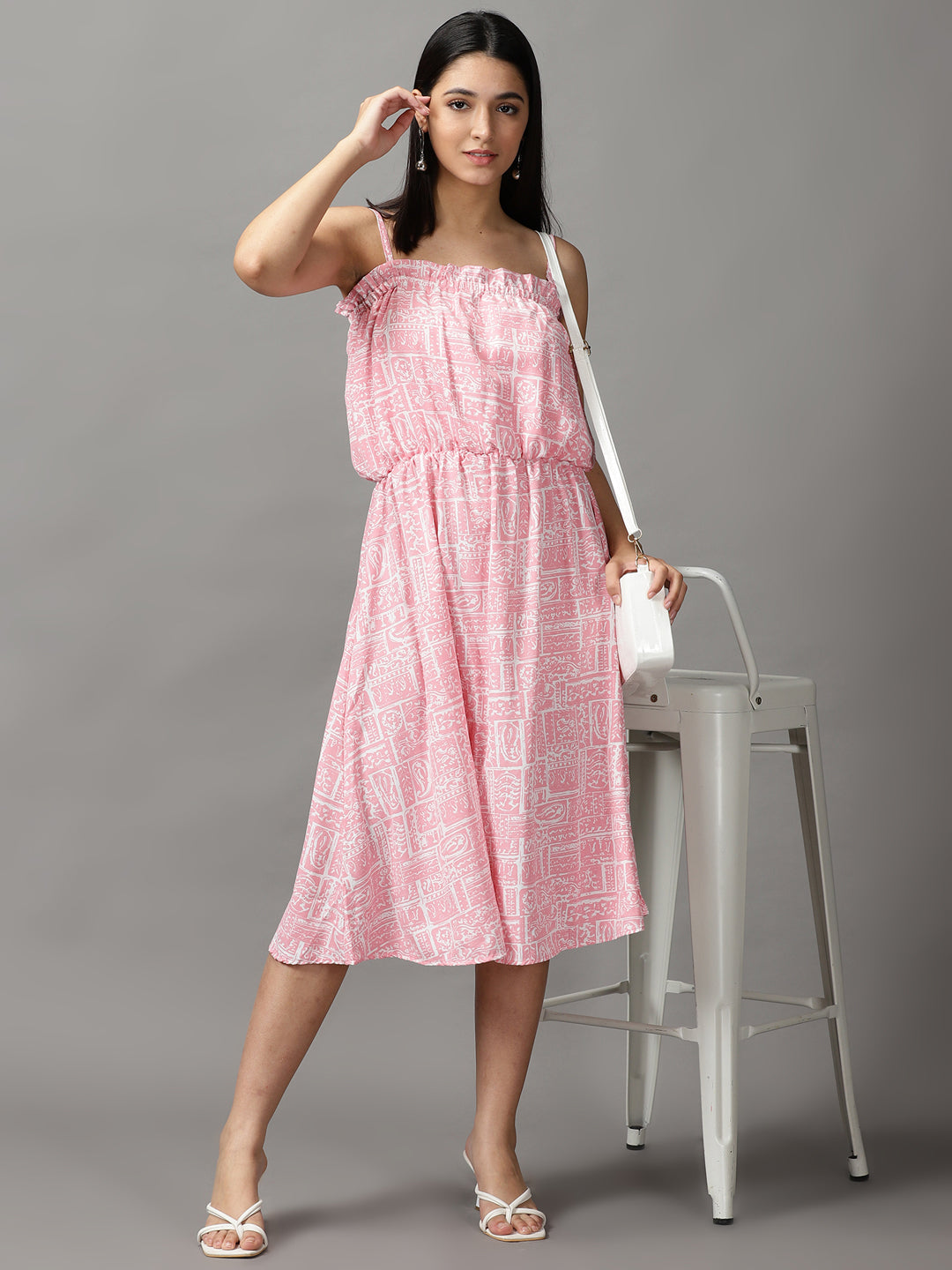 Women's Pink Crepe Ethnic A-Line Dress