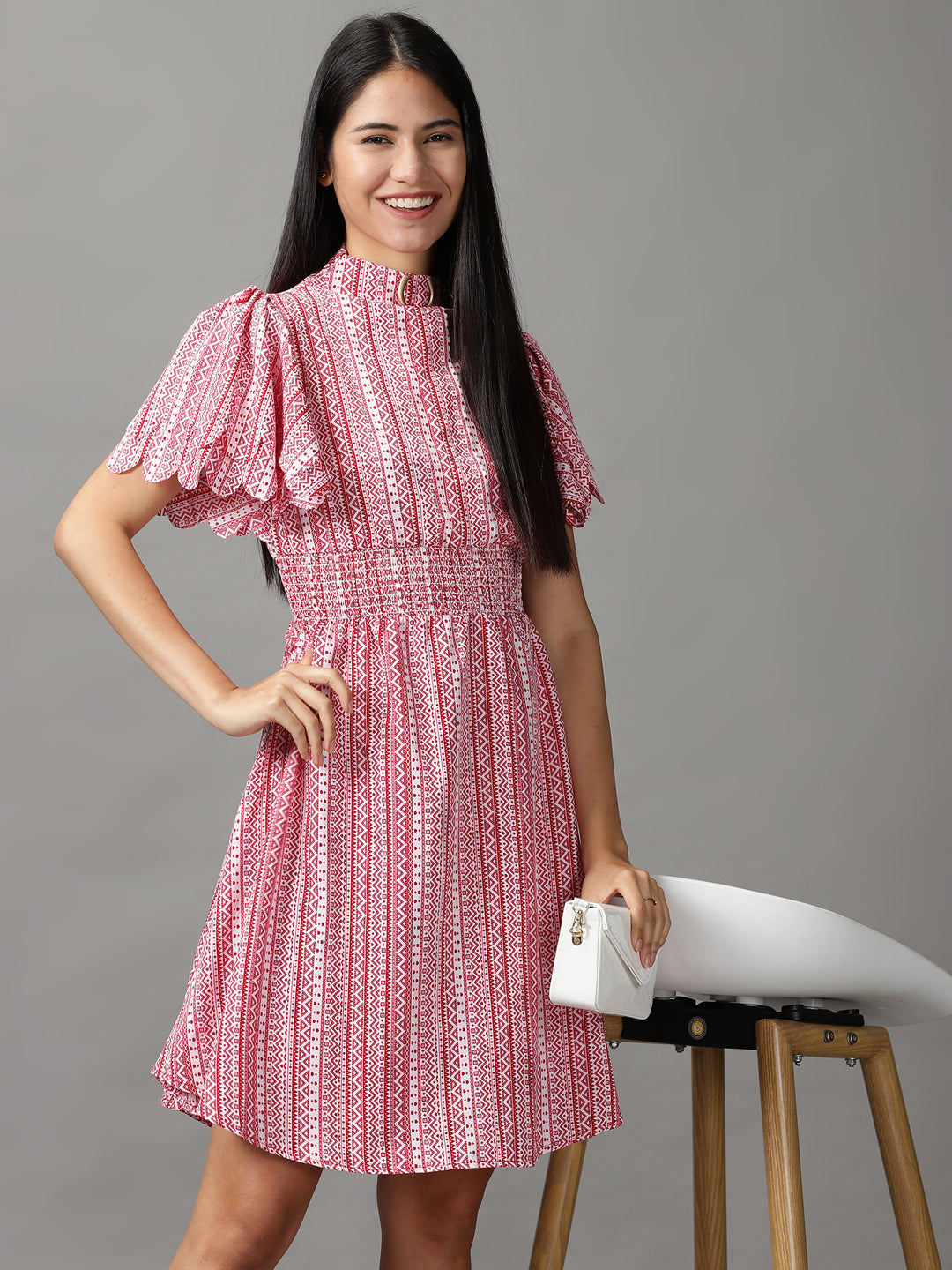 Women's Red High Neck Fit & Flare Dress