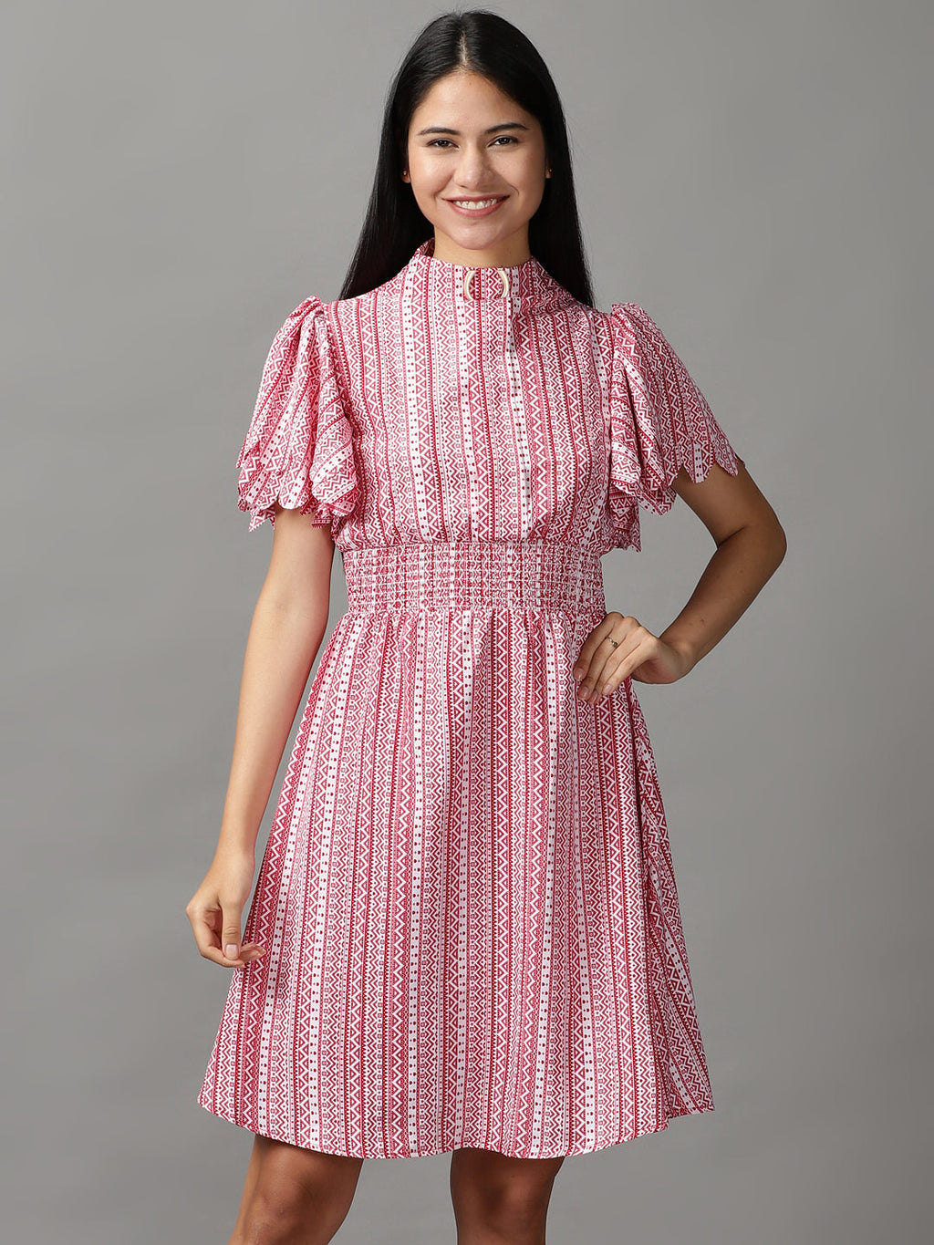 Women's Red High Neck Fit & Flare Dress