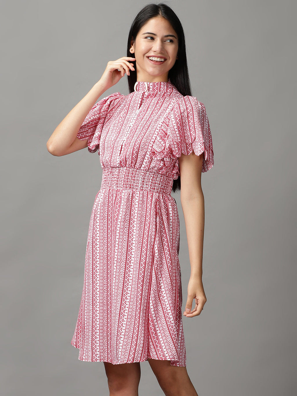 Women's Red High Neck Fit & Flare Dress