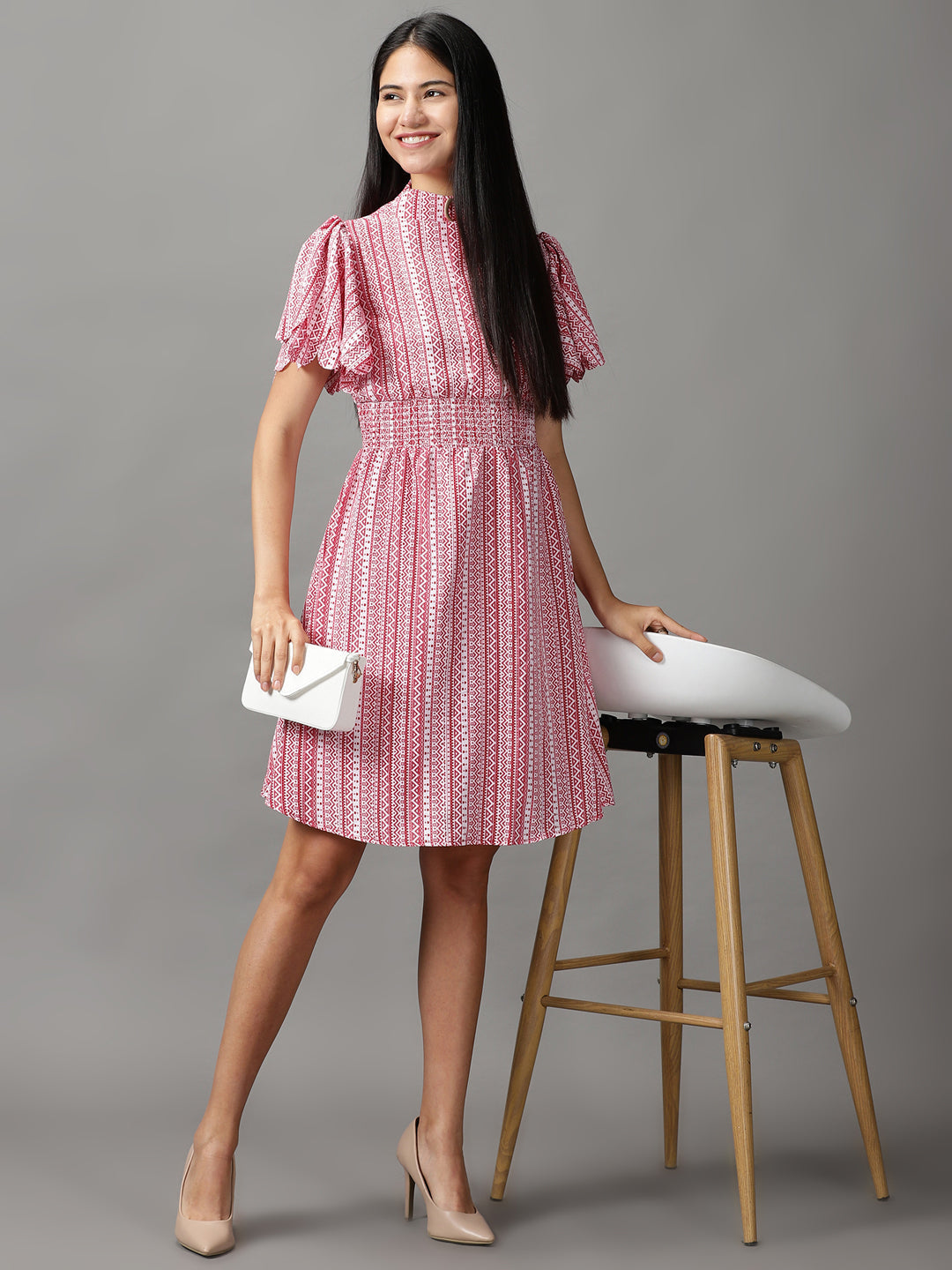 Women's Red High Neck Fit & Flare Dress