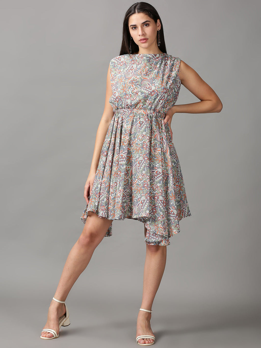 Women's Olive Ethnic Motifs Chiffon Fit & Flare Dress