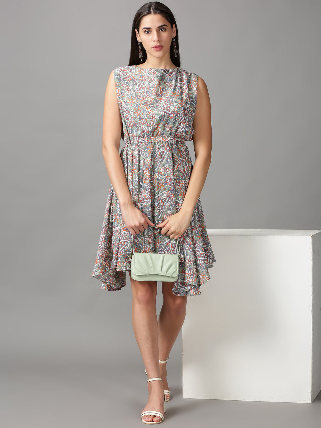 Women's Olive Ethnic Motifs Chiffon Fit & Flare Dress