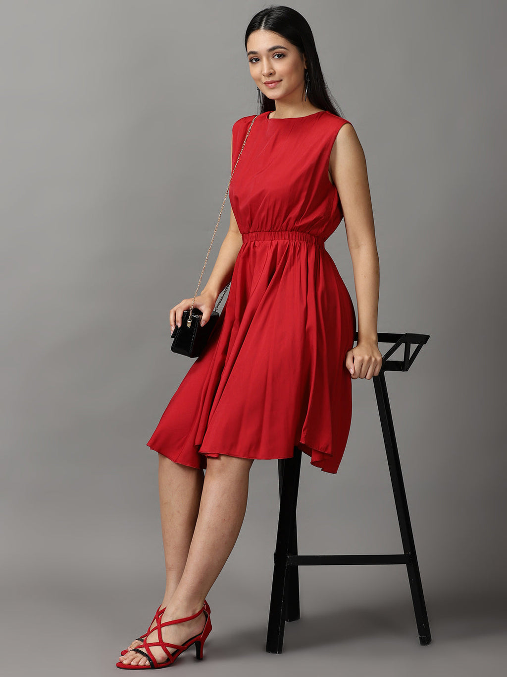 Women's Maroon Boat Neck Knee Length Fit and Flare Dress