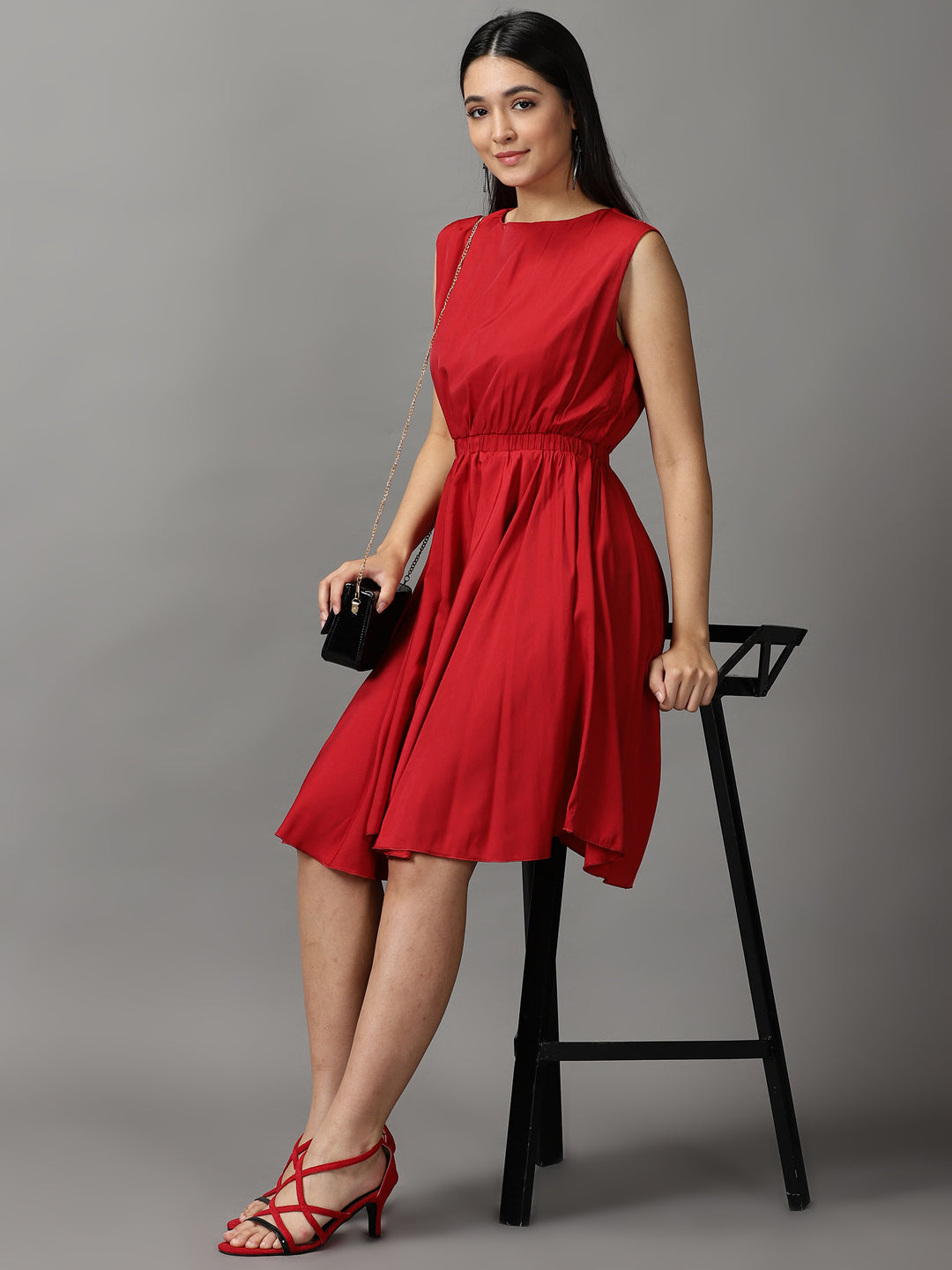 Women's Maroon Boat Neck Knee Length Fit and Flare Dress