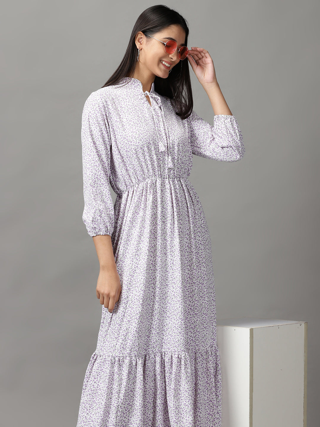 Women's White Floral Fit and Flare Midi Dress