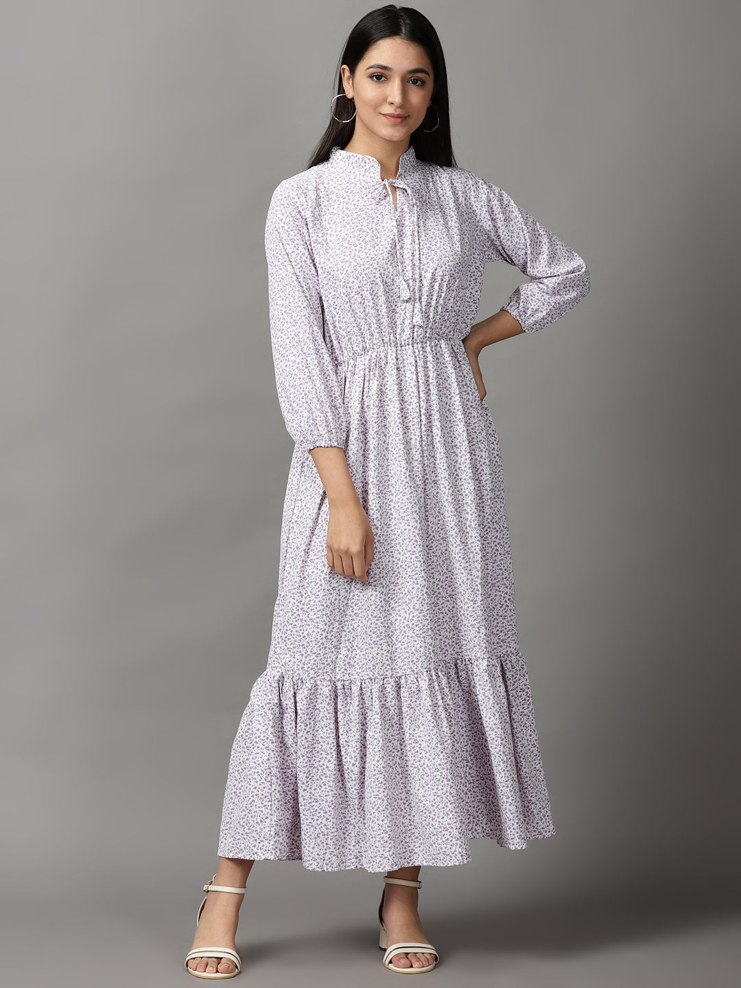 Women's White Floral Fit and Flare Midi Dress