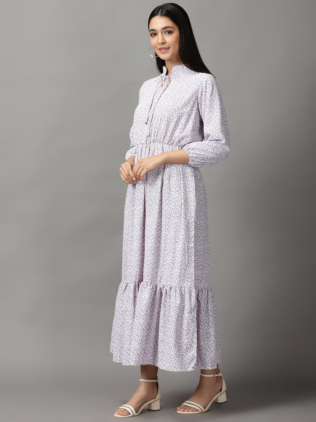 Women's White Floral Fit and Flare Midi Dress