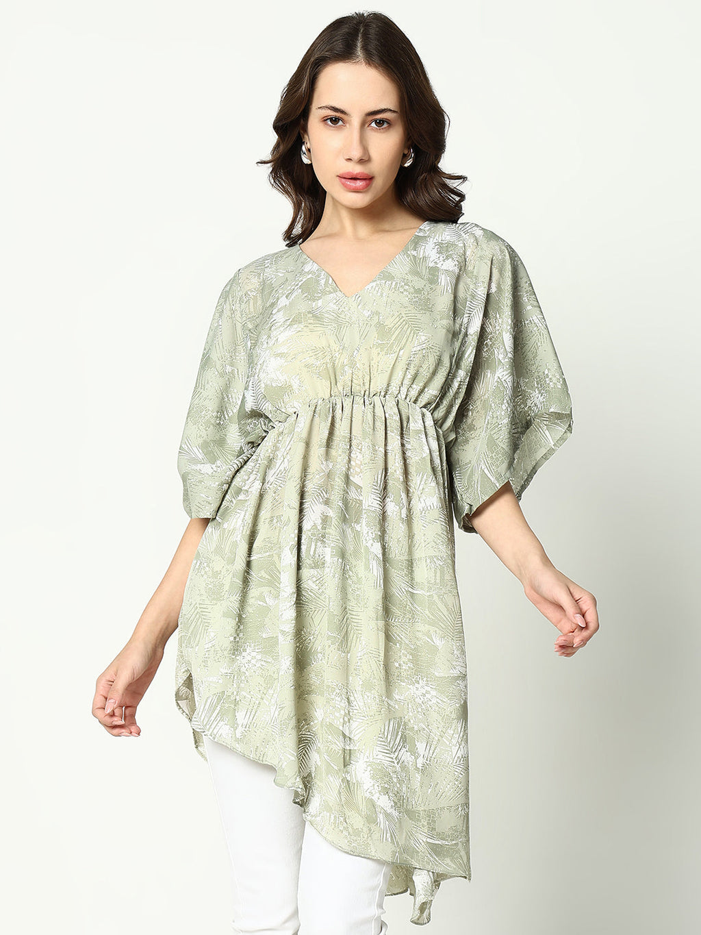 Women's Olive Tropical Chiffon Fit & Flare Top
