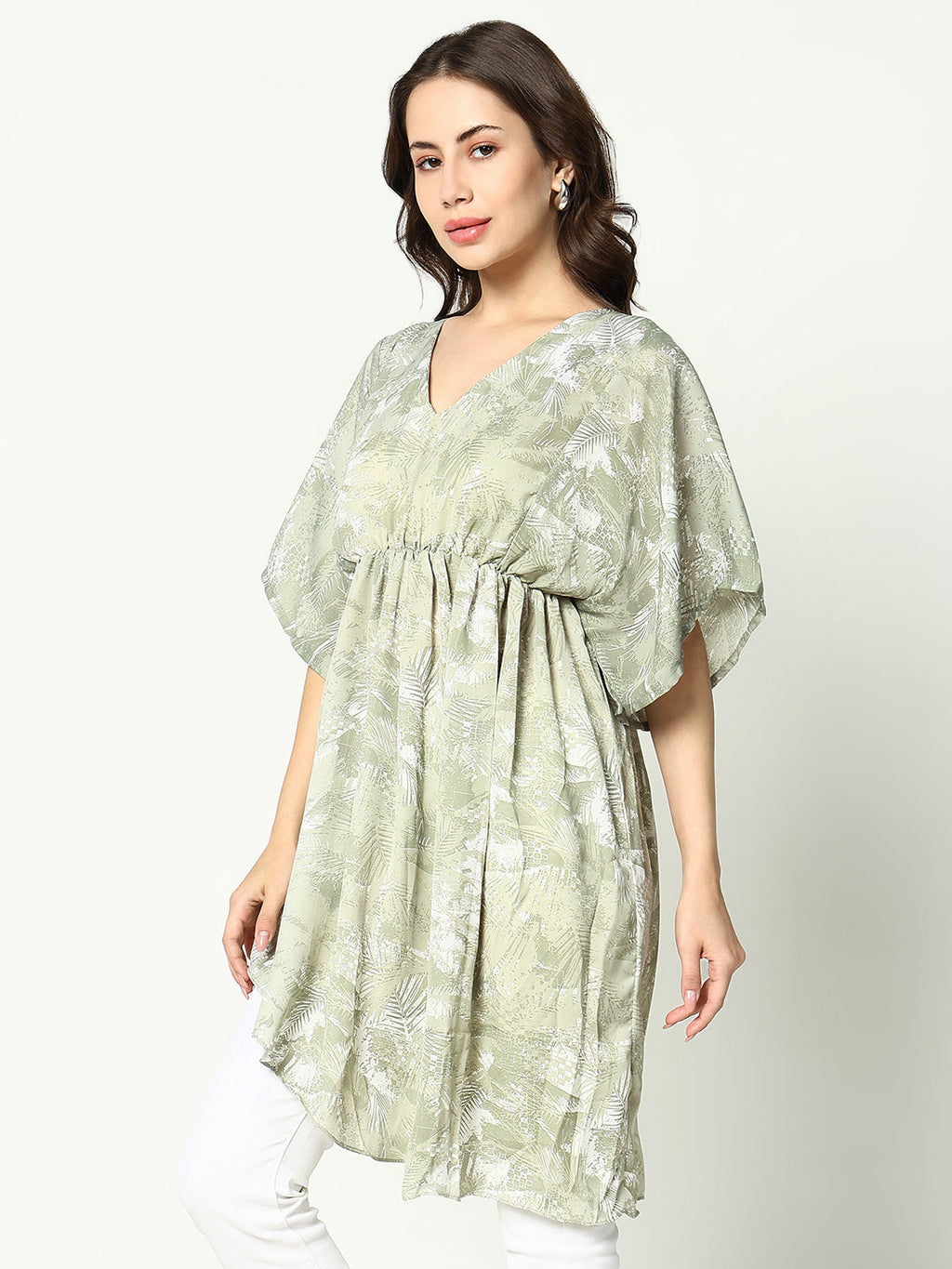 Women's Olive Tropical Chiffon Fit & Flare Top