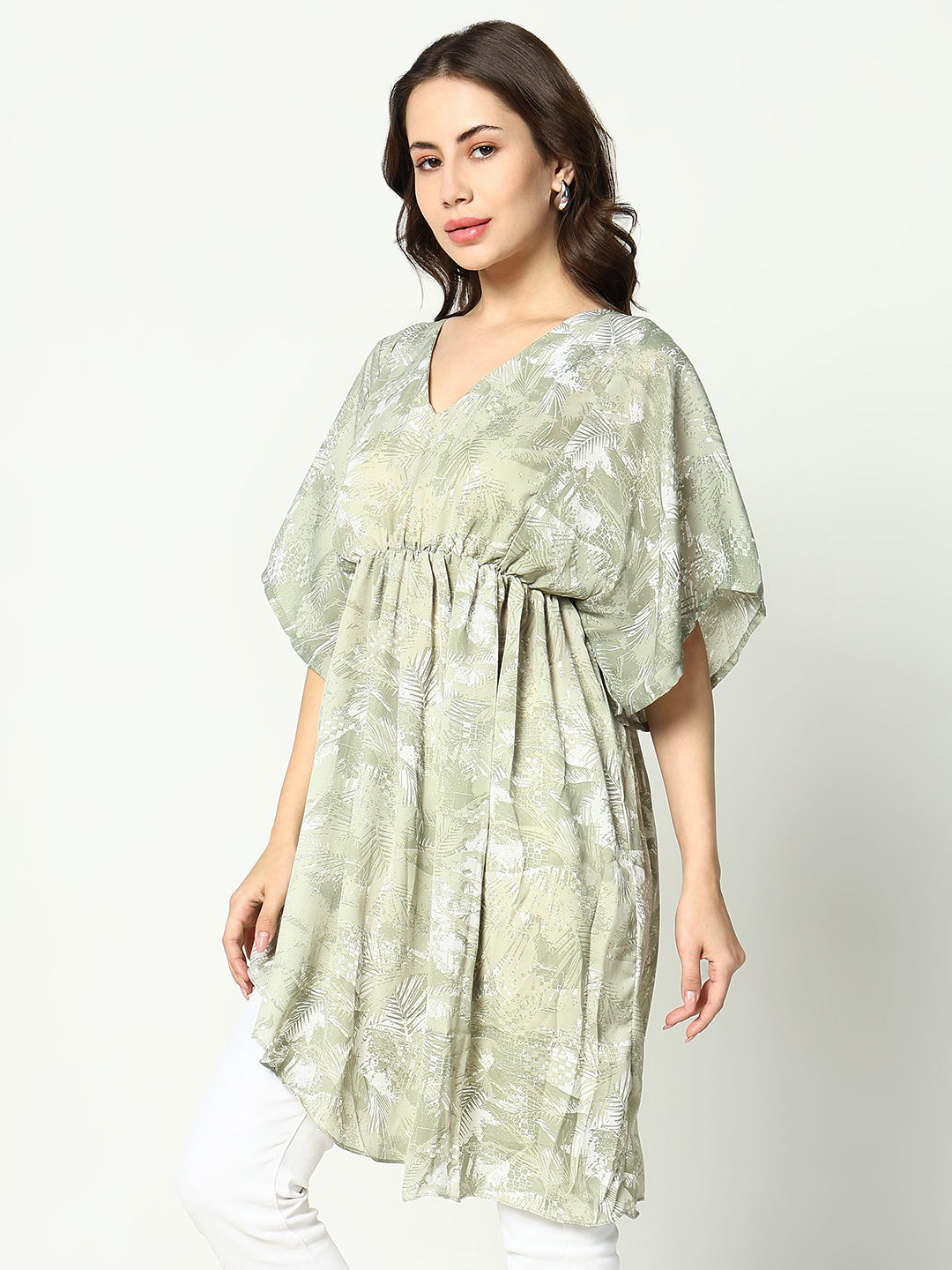 Women's Olive Tropical Chiffon Fit & Flare Top