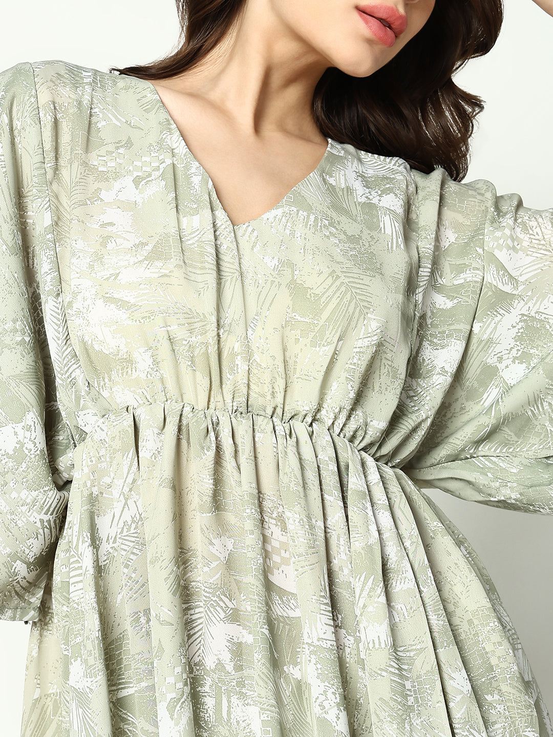 Women's Olive Tropical Chiffon Fit & Flare Top