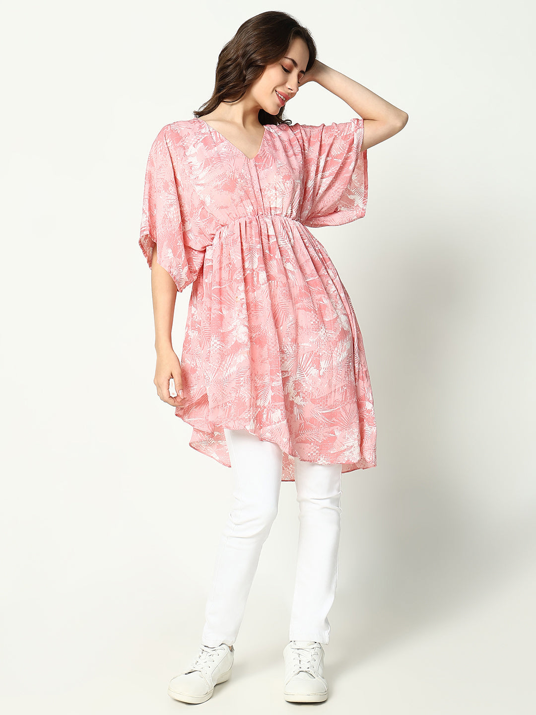 Women's Pink Printed Chiffon Fit & Flare Top
